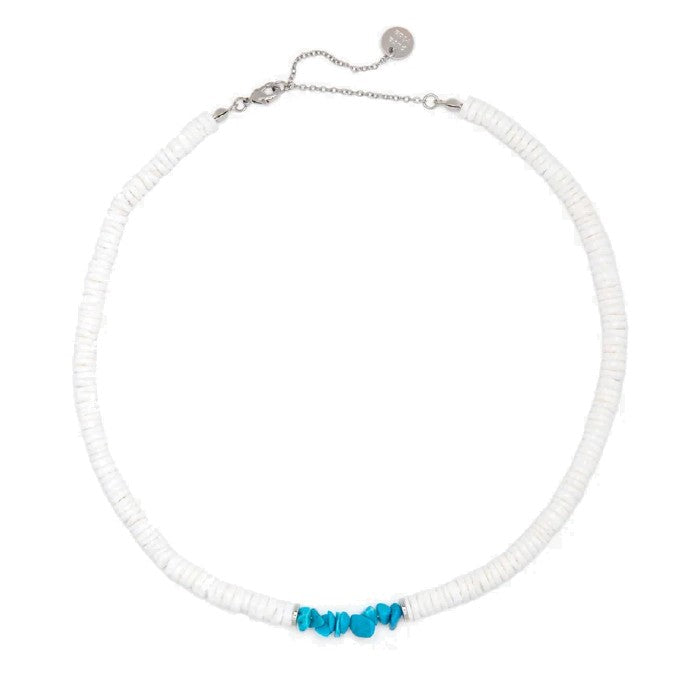 PURAVIDA PUKA SHELL & TURQUOISE CHIP CHOKER WHITE