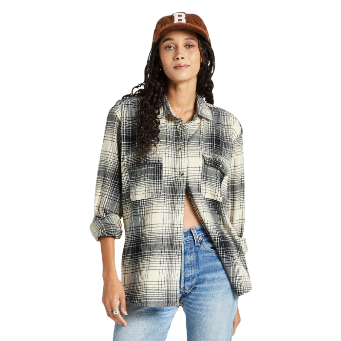 BRIXTON BOWERY BOYFRIEND LONG SLEEVE FLANNEL BLOUSE BISCOTTI/BLACK