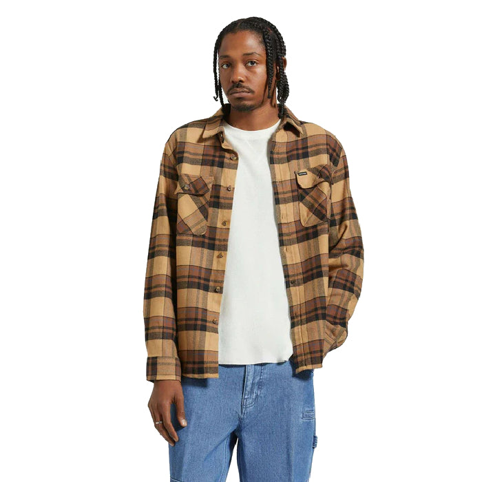 BRIXTON BOWERY FLANNEL OVERHEMD TIGERS EYE/PINECONE BROWN/WASHED BLACK