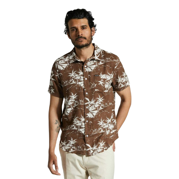 BRIXTON CHARTER SLUB SHORT SLEEVE SHIRT - SEPIA UMBRELLA SCENE