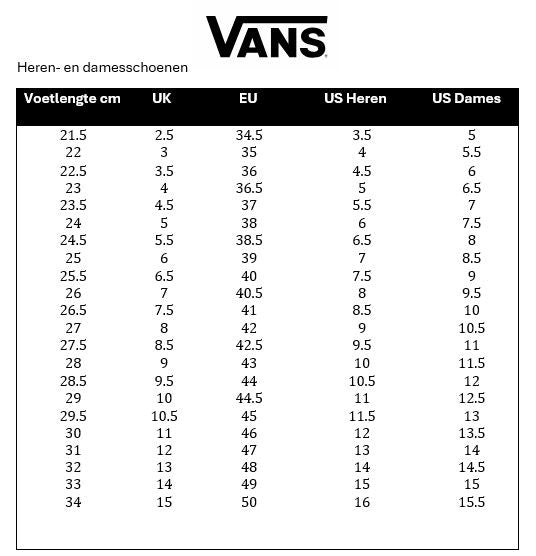 Vans Size unmonitored Chart
