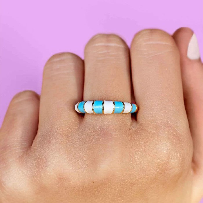 PURA VIDA STRIPED ENAMEL GOLD RING - BLUE/WHITE