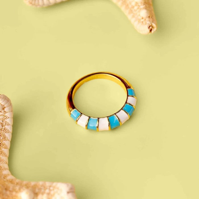 PURA VIDA STRIPED ENAMEL GOLD RING - BLUE/WHITE