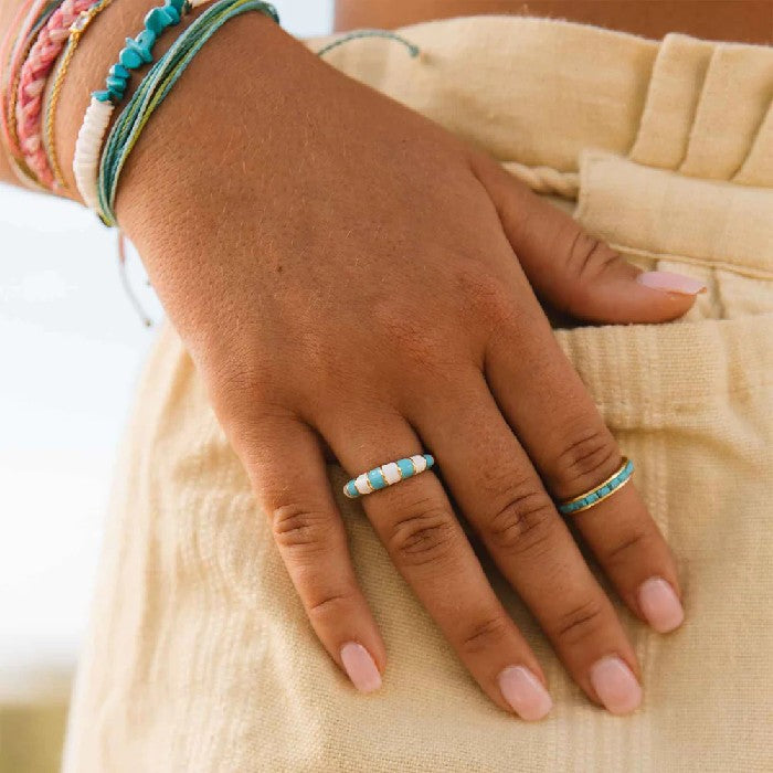 PURA VIDA STRIPED ENAMEL GOLD RING - BLUE/WHITE