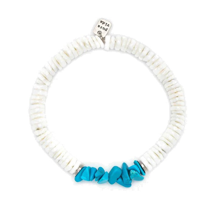 PURA VIDA PUKA SHELL &amp; TURQUOISE CHIP STRETCH BRACELET - WHITE